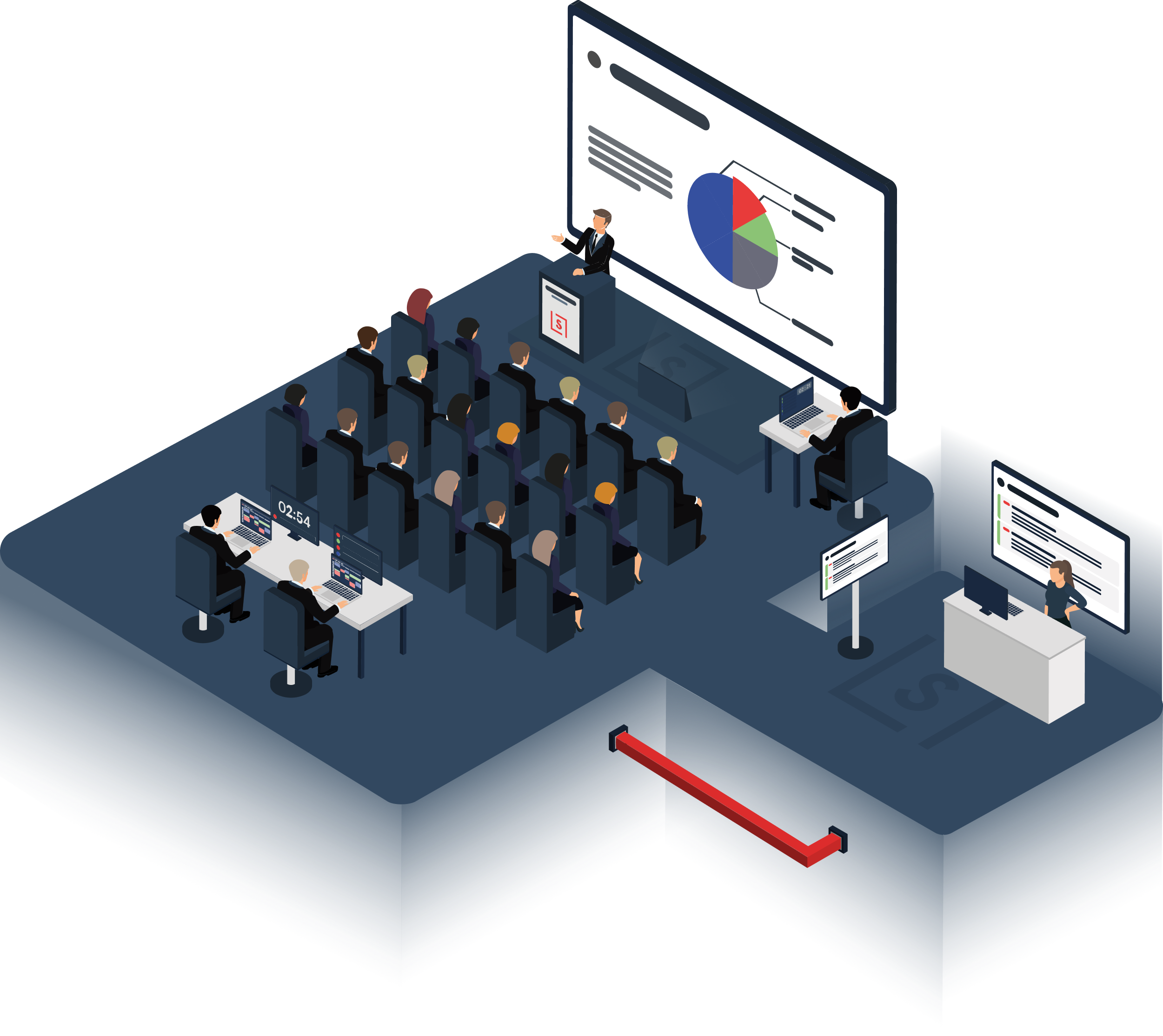 Infographie montrant une salle de présentation remplie de participants et un présentateur montrant une diapositive sur un grand écran. Du personnel supplémentaire soutient la présentation. 