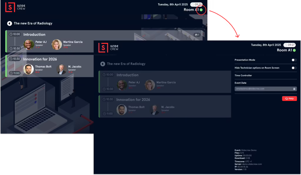 Slidecrew Kiosk App settings view showing technician access via connection status indicator, designed to keep the speaker interface clean and uncluttered.
