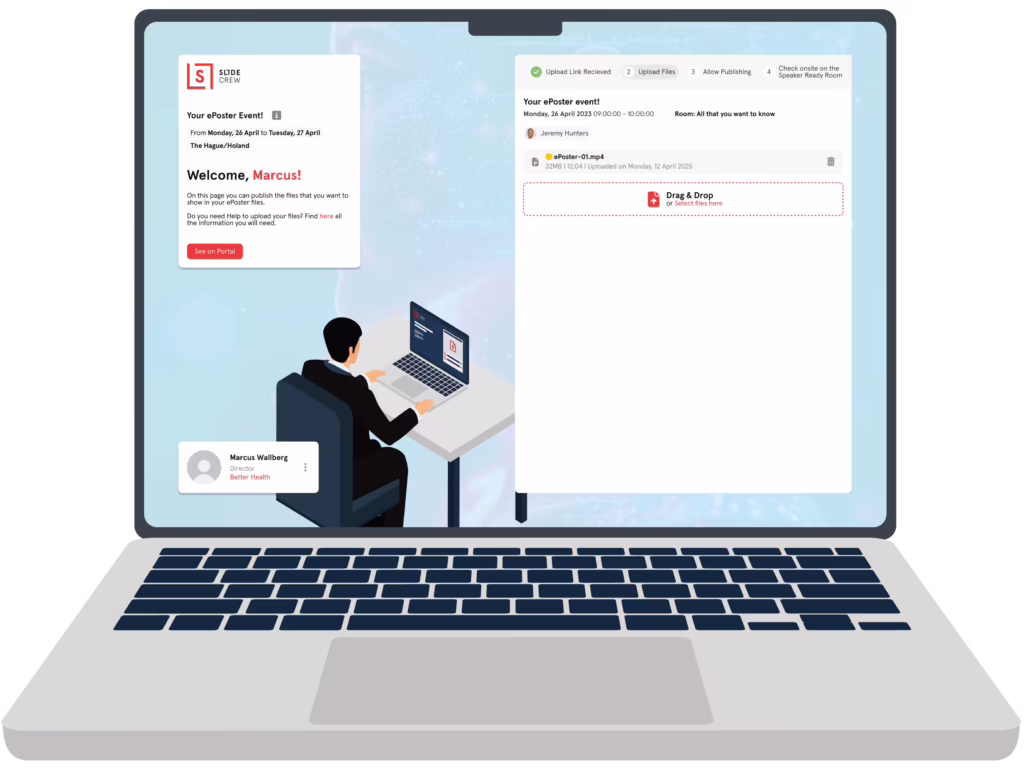 Slidecrew speaker upload page with event branding and clear instructions, highlighting a user-friendly, GDPR-compliant interface with fast, secure uploads via global server locations.