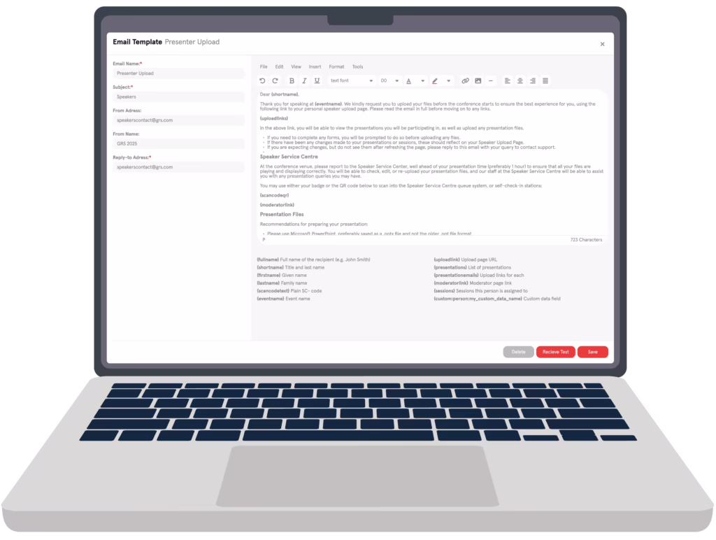 Slidecrew portal showing a branded email template editor with dynamic tags, highlighting automated speaker communication, upload link generation, and campaign tracking features.