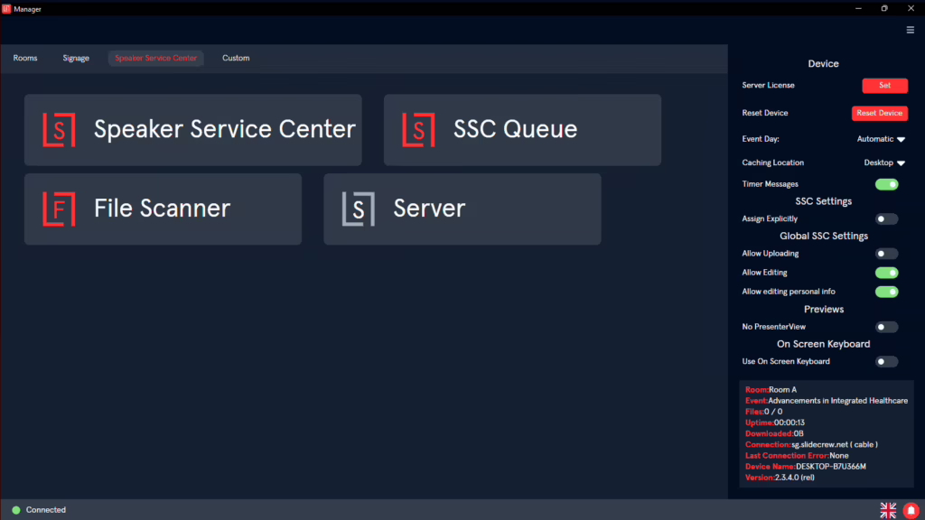 the App launcher before the local caching server licence has been set. The "server" app button is greyed out.