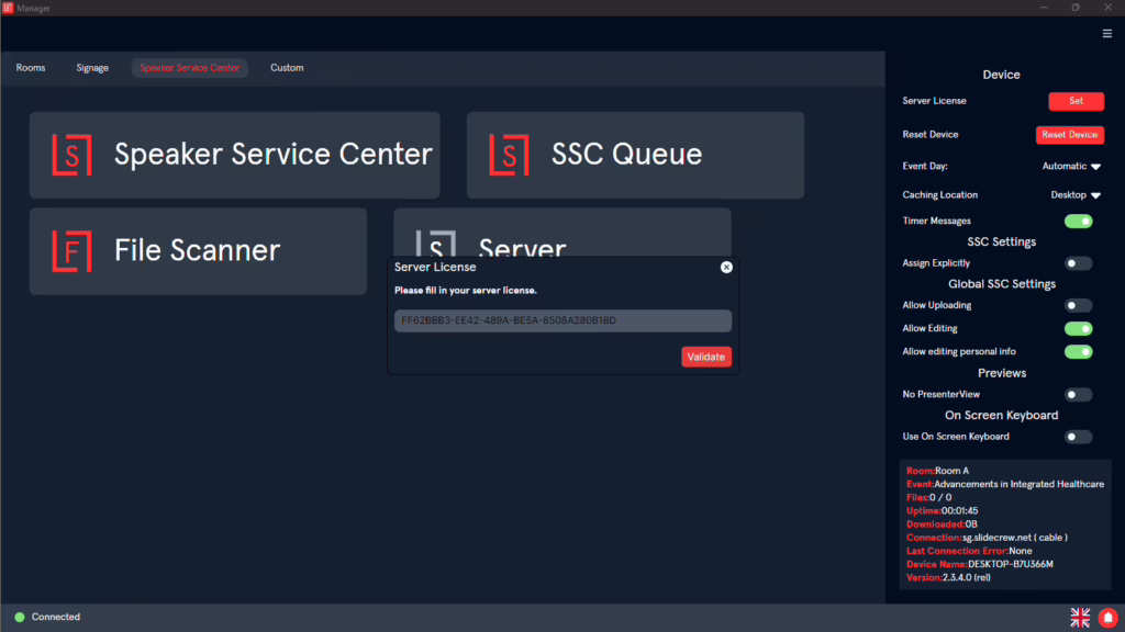 The App launcher with a pop up open to unput the local caching server licence.