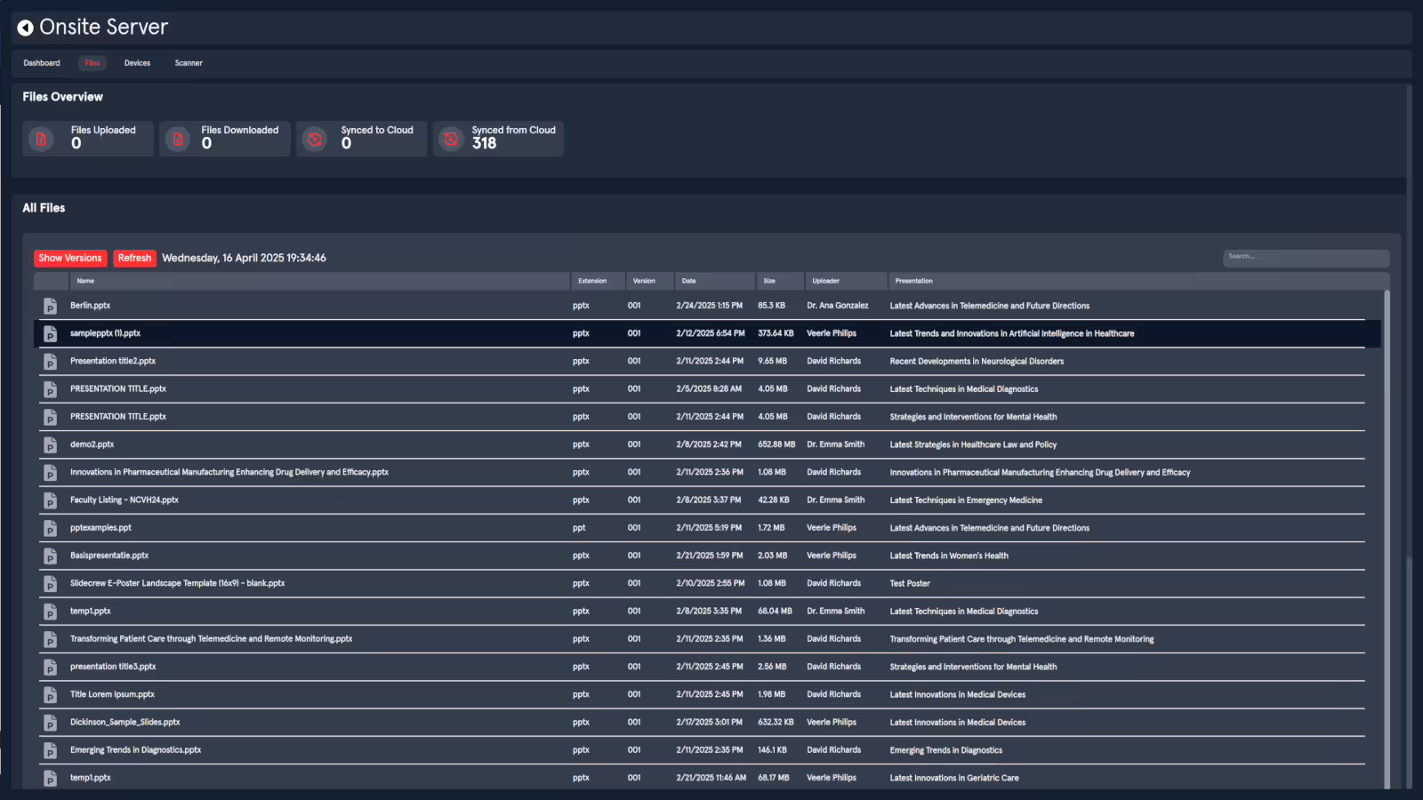Slidecrew local caching server interface showing cached presentation files for an event