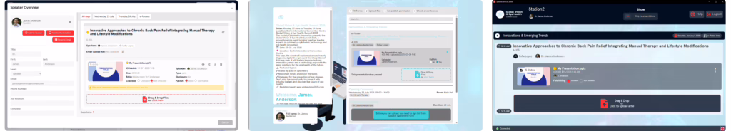 The three ways to handle presentation file uploads are shown from left ot right: the speaker overview page in the event portal, the upload page linked to presenters in their email and the on-site Speaker ready room App.