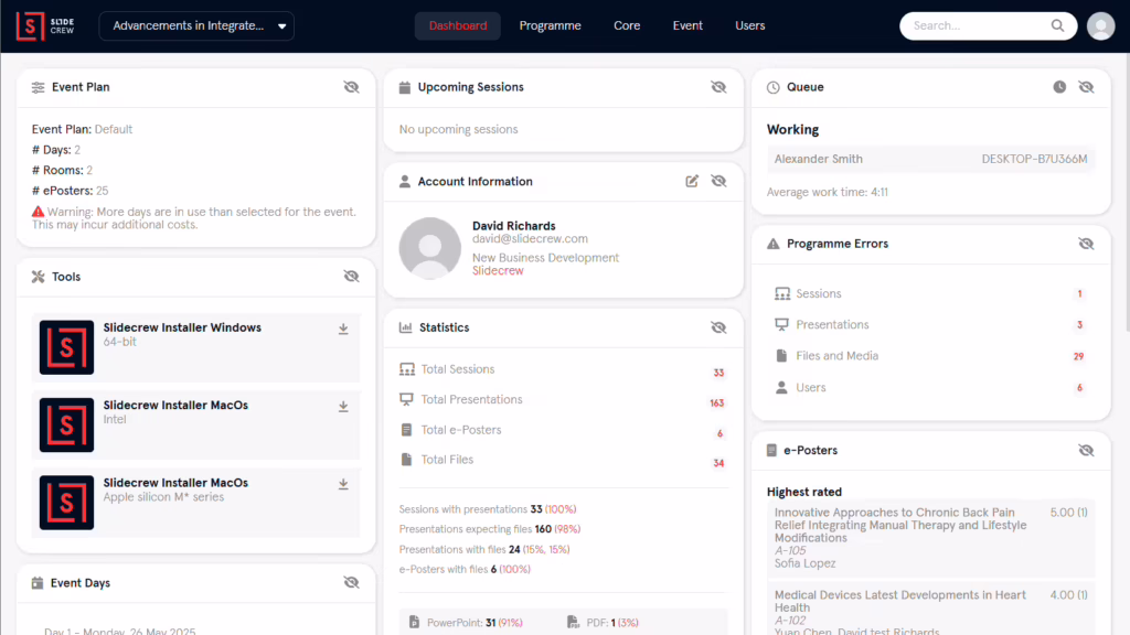 The Dashboard area of a Slidecrew event portal, with various information widgets visible,