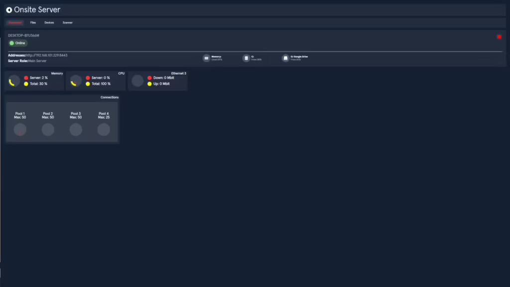 The dashboard tab of the local server app, while the server is live.