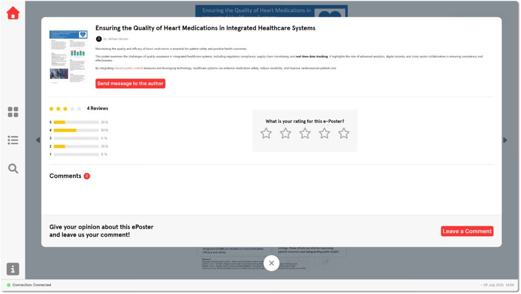Slidecrew ePoster App showing an ePoster abstract open with the poster title, authors, abstract text, and available attendee actions. placement: after the paragraph explaining the abstract pop-up in the full ePoster App