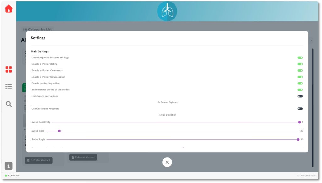 Slidecrew ePoster App settings showing toggles for rating, comments, downloading, contacting the author, banner display, keyboard, and touch behaviour.