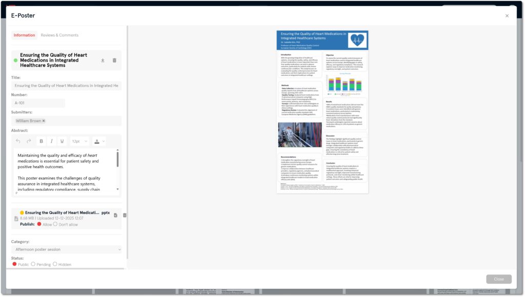 Slidecrew ePoster edit pop-up showing the Information tab, title, number, submitter, abstract field, and poster preview.