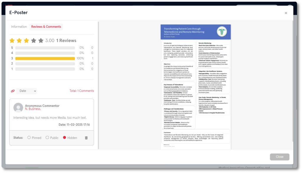 Slidecrew ePoster Reviews & Comments tab showing star ratings, a comment, and Pinned, Public, and Hidden moderation options.