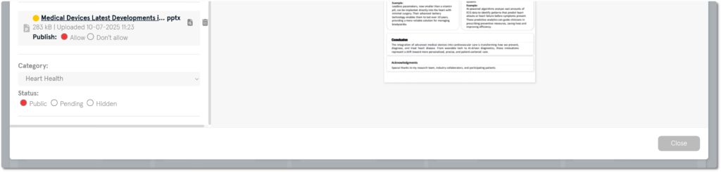 Slidecrew ePoster edit pop-up showing the Public, Pending, and Hidden status options.