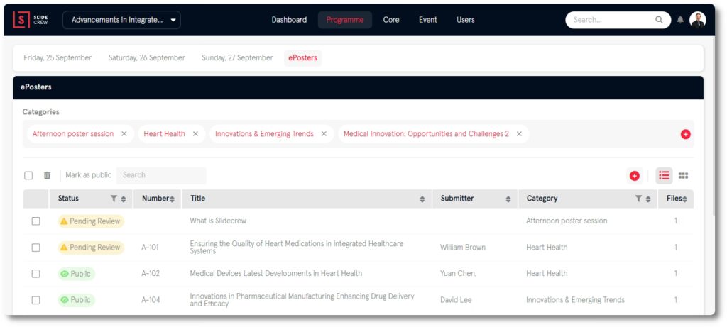 Slidecrew portal ePosters list view showing ePoster categories, statuses, poster numbers, titles, submitters, and file counts.